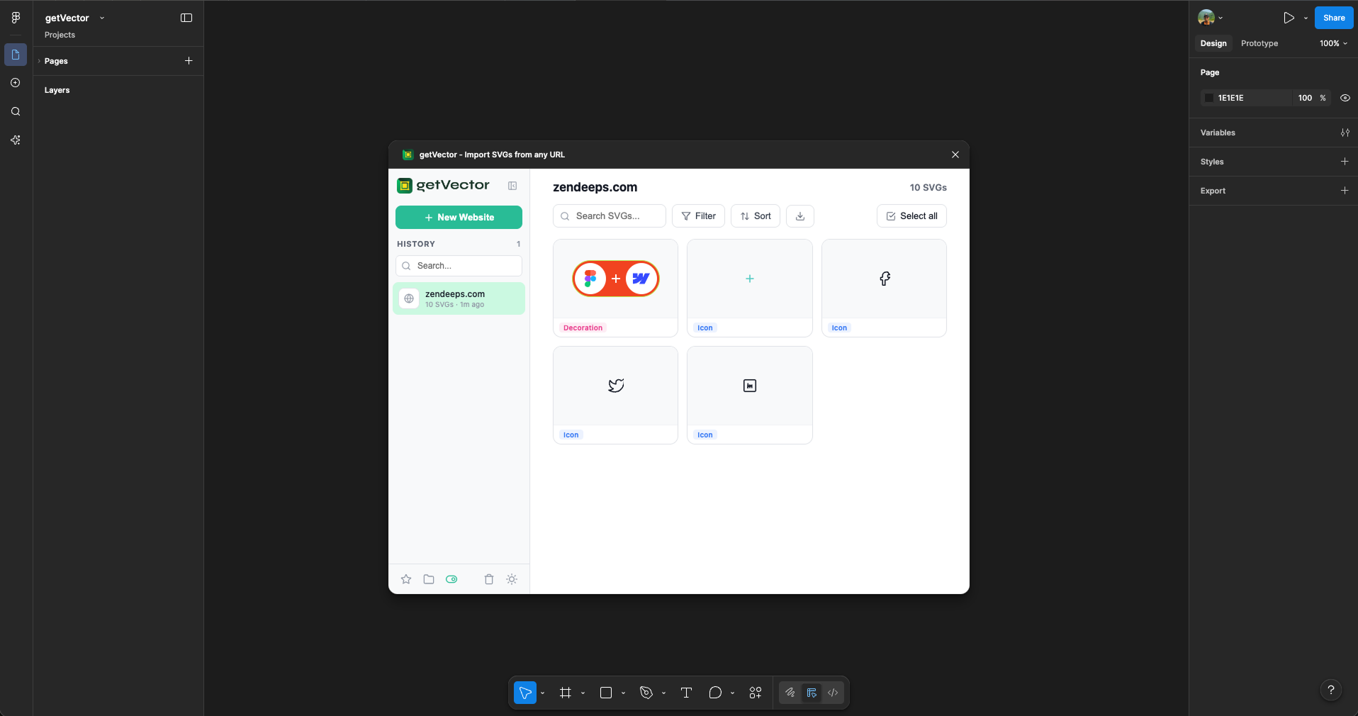 getVector Figma plugin interface showing SVG import from any URL